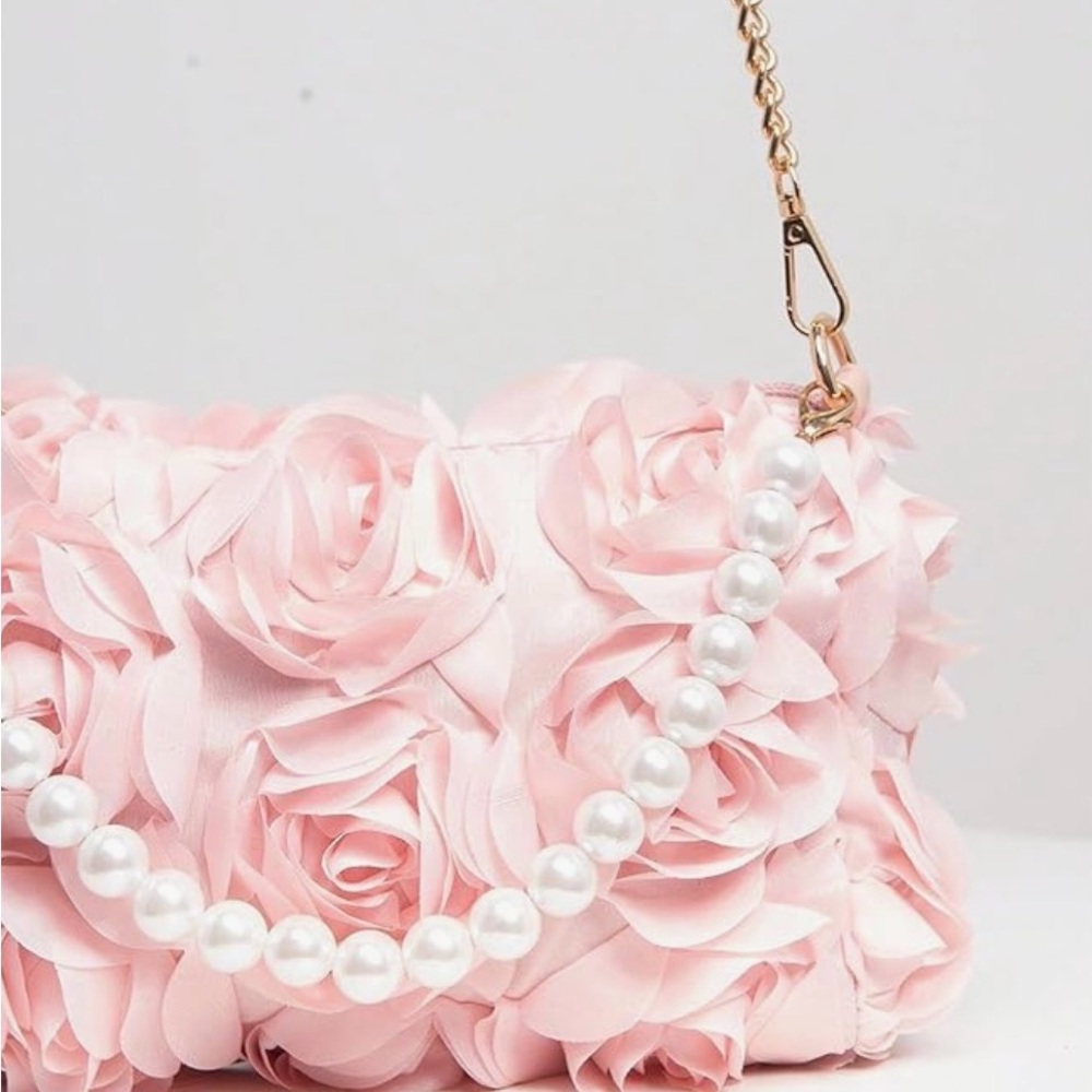 🌸. Elegant Pink Floral Pearl-Handle Handbag - Picture 4 of 4